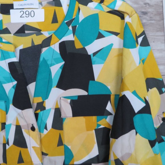 Calvin‎ Klein* Women's Long Sleeve Button Down V-Neck Blouse Large Multicolor - Picture 4 of 9